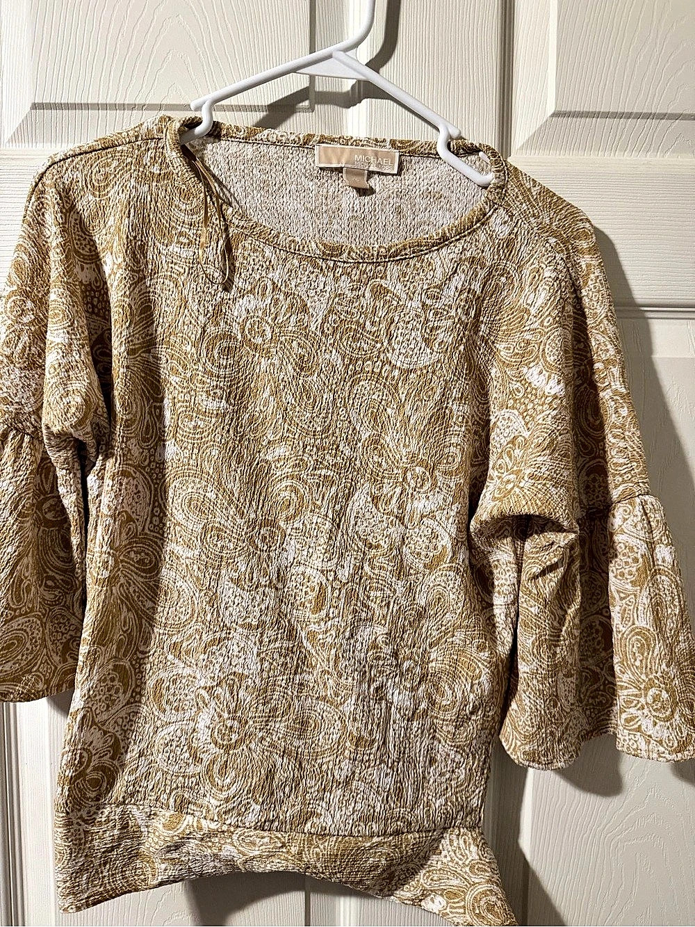 Michael Kors Abstract Print Tie-Sleeve Blouse in Brown & Cream Size XS